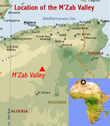 Map showing the location of M'Zab Valley UNESCO world heritage site, Algeria